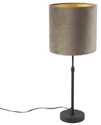 Candeeiro de mesa preto com cúpula em veludo castanho-acinzentado com dourado 25 cm - Parte Country / Rústico