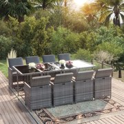 vidaXL 9 pcs conjunto jantar p/ jardim c/ almofadões vime PE cinzento