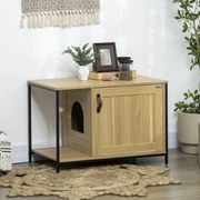 Móvel para Casa de areia para gatos (NÂO INCLUIDA) com porta lateral, bola suspensa e estrutura em aço com acabamento em madeira clara
