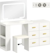 HOMCOM Penteadeira com espelho e banqueta, mesa de maquiagem com iluminação LED regulável, 6 gavetas, 118 x 78 x 135 cm, branco | Aosom Portugal