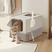 Caixa de areia para gatos com tampa 54,3 x 42,5 x 37,8 cm, tabuleiro extraível cinzento