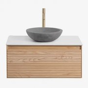 Conjunto De Móvel De Casa De Banho Suspenso 80x50 Cm Em Madeira De Freixo Tedrik Castanho Fresno & Cimento Cinzento Redondo Ø40 Cm Tarsis - Sklum