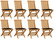 vidaXL Cadeiras de jardim c/ almofadões pretos 8 pcs teca maciça