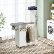 Móvel de Engomar Roupa com Rodas e Suporte Lateral Móvel com Tábua de Passar Barra para Roupa Prateleira 127,5x43,5x153 cm Branco