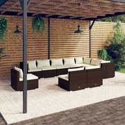 10 pcs conjunto lounge jardim c/ almofadões vime PE castanho