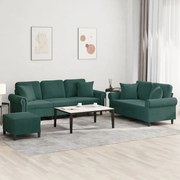 vidaXL 3 pcs conjunto de sofás com almofadas veludo verde-escuro