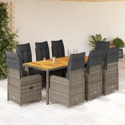 vidaXL 9 pcs conjunto bistrô de jardim c/ almofadões vime PE cinzento