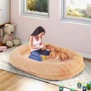 Cama de dormir lavável e fofa em pele sintética para animais de estimação e adultos com almofada 171 x 115 x 25 cm Castanho