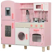 AIYAPLAY Cozinha de Madeira para Crianças com Sons Fogão Forno Micro-Ondas Máquina de Gelo e Acessórios 90x33,3x91,6 cm Rosa | Aosom Portugal