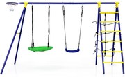 Conjunto de baloiço de jardim para crianças 5 em 1 com cesto de basquetebol Rede de trepar Estrutura metálica para parque de jardim295 x 138 x 176,5 c