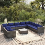 11 pcs conjunto lounge de jardim c/ almofadões vime PE cinzento