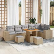 vidaXL Conjunto de Sofá de Jardim de 9 Peças com Almofadas Bege em Rattan Sintético e Acácia
