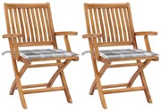 vidaXL Cadeiras jardim c/ almofadões xadrez cinzento 2 pcs teca maciça