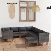 9 pcs conjunto lounge de jardim c/ almofadões vime PE cinzento