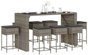 vidaXL 9 pcs conjunto de bar p/ jardim c/ almofadões vime PE cinzento
