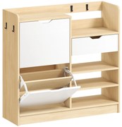 HOMCOM Sapateira Estreita com Prateleiras Ajustáveis Gaveta e 4 Ganchos para 14 Pares de Sapatos 93x30x90 cm Madeira e Branco | Aosom Portugal