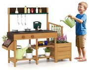 Cozinha externa de madeira para crianças com vaso, pia removível, torneira, fogão, bandeja de água e prateleiras para crianças de 3 a 8 anos, verde