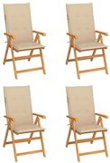 vidaXL Cadeiras de jardim c/ almofadões bege 4 pcs teca maciça