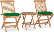 vidaXL 3 pcs conj. jantar dobrável exterior c/ almofadão teca maciça