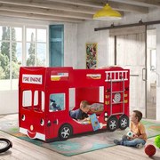 Conjunto Beliche Infantil Camião dos Bombeiros NEW FIRE TRUCK + 2x COLCHÕES 90x200cm Vermelho