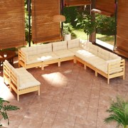 vidaXL 9 pcs conjunto lounge jardim c/ almofadões creme pinho maciço