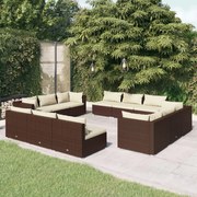 12 pcs conjunto lounge jardim c/ almofadões vime PE castanho