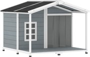 PawHut Casota para cães resistente às intempéries Elevada em madeira com telhado de betume, terraço, para cães de porte médio 103x107x83,5cm Cinza | Aosom Portugal