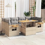 7 pcs conjunto sofás jardim com almofadões vime PE/acácia bege