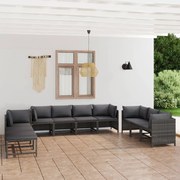 10 pcs conjunto lounge de jardim c/ almofadões vime PE cinzento