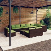 11 pcs conjunto lounge de jardim c/ almofadões vime PE castanho