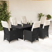 7 pcs conjunto de jantar p/ jardim c/ almofadões vime PE preto