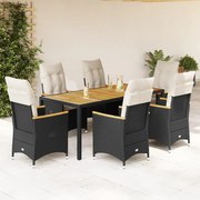 7 pcs conjunto de jantar p/ jardim c/ almofadões vime PE preto