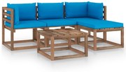 5 pcs conjunto lounge p/ jardim c/ almofadões azul-claro