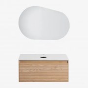 Conjunto De Móvel De Casa De Banho Suspenso 80x50 Cm Em Madeira De Freixo Tedrik Castanho Fresno & Sem Lavatório & Oval Led - Sklum