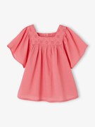 Blusa com decote quadrado, em bordado inglês, para bebé rosa-framboesa