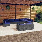 10 pcs conjunto lounge de jardim c/ almofadões vime PE cinzento