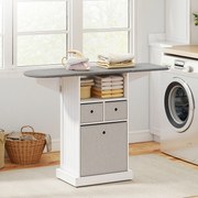 Móvel para Engomar Roupa com Rodas Tábua de Engomar Dobrável com 3 Gavetas Compartimento Aberto 121x37x89,5 cm Branco