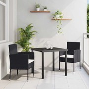 vidaXL Conjunto de Jantar de Jardim de 3 Peças com Almofadas - Preto Polyrattan