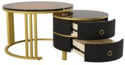 Mesa de Café Redonda 2-em-1 em MDF com tampo brilhante e tampo em vidro temperado marrom, combinação de mesa de centro para sala de estar com 2 gavetas, Preto