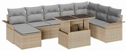 Conjunto de Sofás de Jardim vidaXL 9 Peças com Almofadas Bege Rattan Polido