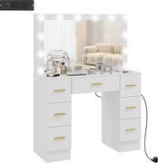 HOMCOM Penteadeira com espelho e 12 LEDs, penteadeira com 7 gavetas, 6 compartimentos ocultos, aglomerado, Branco | Aosom Portugal