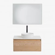 Conjunto De Móvel De Casa De Banho Suspenso 80x50 Cm Em Madeira De Freixo Tedrik Castanho Fresno & Cerâmica Redonda Branca Ø40 Cm - Sklum