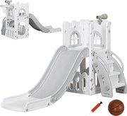 AIYAPLAY Escorrega Infantil 5 em 1 para Crianças com Cesto de Basquetebol Telescópio Escalador e Cesta Inferior 70x177x92 cm Branco e Cinza | Aosom Portugal