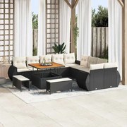 vidaXL Conjunto de sofá de jardim com 13 peças e almofadas, em rattan sintético preto e acácia.