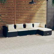 vidaXL 5 pcs conjunto lounge de jardim c/ almofadões vime PE preto