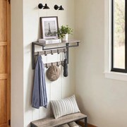 Cabide de parede com prateleira e 10 ganchos removíveis 30 x 65 x 42 cm cinza + preto