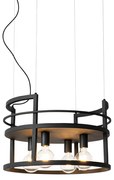 Candeeiro suspenso industrial preto com rack redondo 4 luzes - Cage Rack Industrial