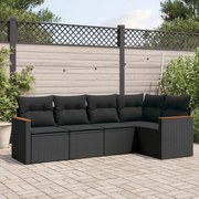 5 pcs conjunto sofás de jardim com almofadões vime PE preto