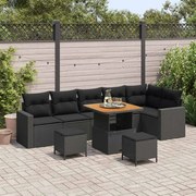 vidaXL Conjunto de Sofá de Jardim 9 Peças com Almofadas Preto de Rattan de Polietileno e Acácia.