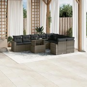 10 pcs conjunto sofás de jardim c/ almofadões vime PE cinzento